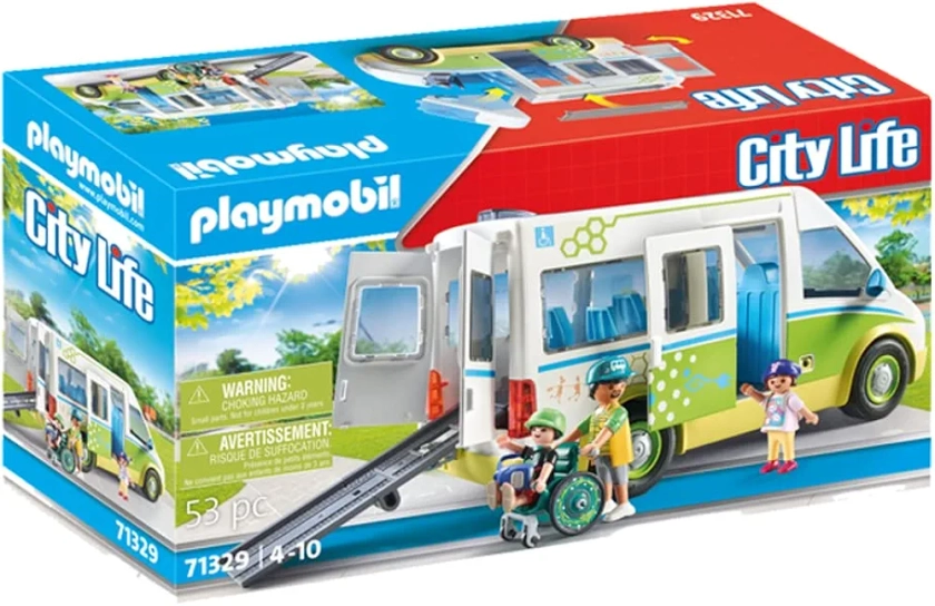 Playmobil 71329 Bus Scolaire - City Life - avec Trois Personnages, Un Bus Scolaire avec Le Toit Amovible, Un Fauteuil Roulant, des Sacs à Dos et des Accessoires - Dès 4 Ans