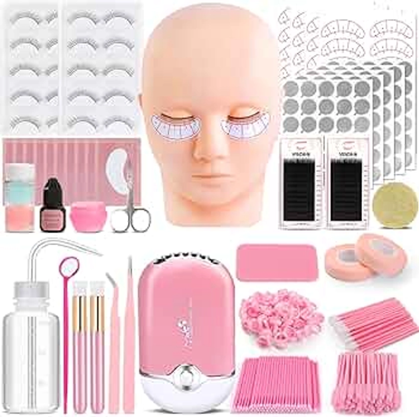 Eyelash Extension Kit for Beginners, Lash Extension Kit with Mannequin Head, Lash Starter Kit with Lash Fan, Extension Glue and Eyelash Remover for Lash Training