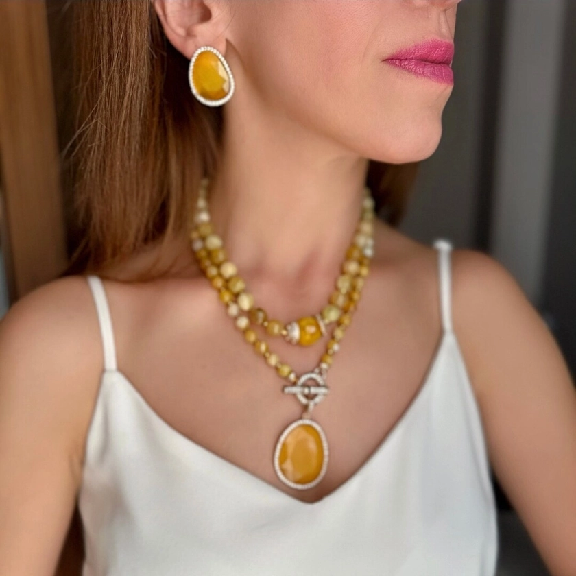 Yellow Gemstone Jewelry Set, Statement Necklace for Women, Handmade Jewelry for Birthday Gift, Christmas Gift for Her, Beaded Necklace - Etsy