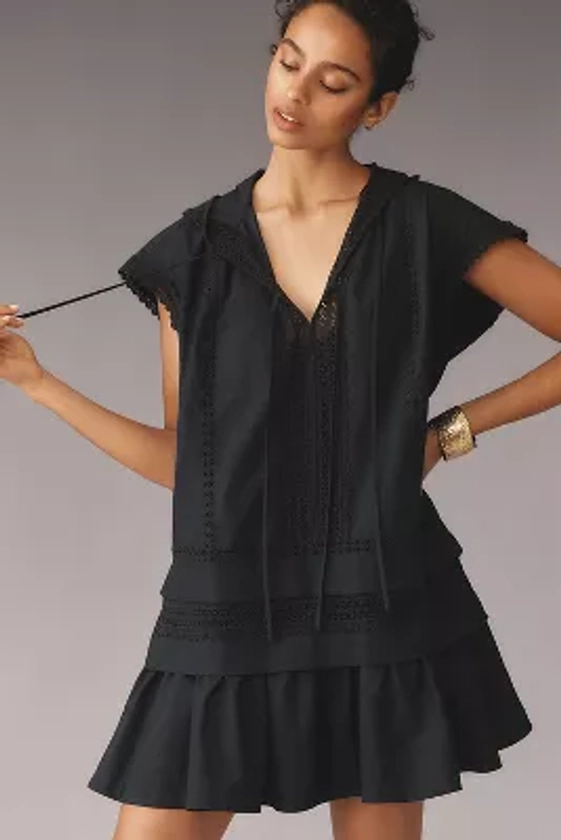 By Anthropologie Short-Sleeve Flounce Poplin Hoodie Mini Dress