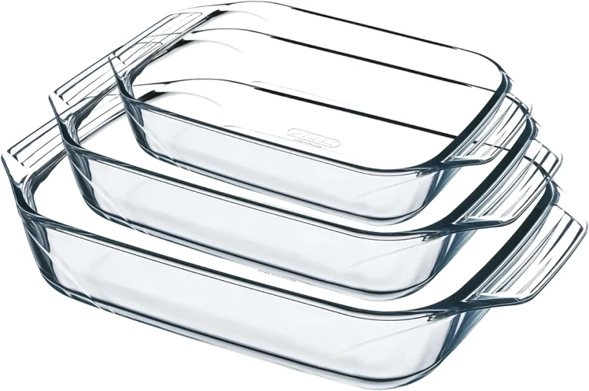 Pyrex - Lot de 3 Plats à Four - Rectangulaire - Larges poignées - Format Familial - Verre Borosilicate - Extrême Résistance - Made in France