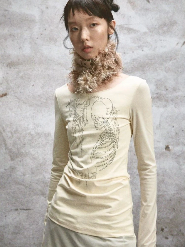 Large Neckline Printed Long Sleeve T【s0000005764】