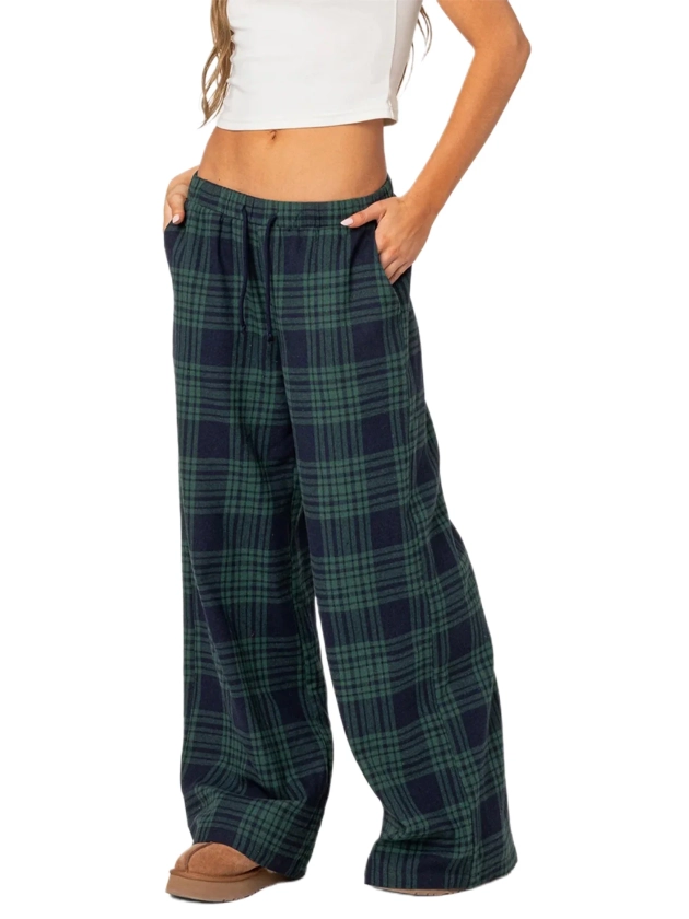 ELF Women's Casual Pants Classic Versatile Plaid Print Elastic Waist Loose Wide Leg Pants Sweatpants For Daily Commute - Walmart.com