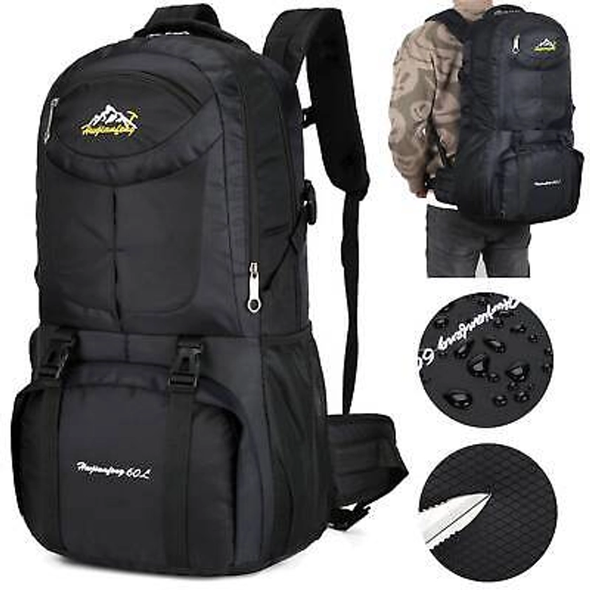 60L Hiking Camping Backpack Large Waterproof Men Women Travel Rucksack Bag Black