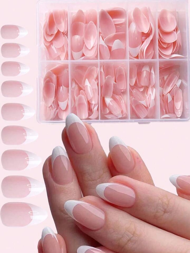 360 pièces Ongles faux pressés en forme de couverture complète, français rose nude avec pointe longue, brillants, 12 tailles, fournitures pour les ongles