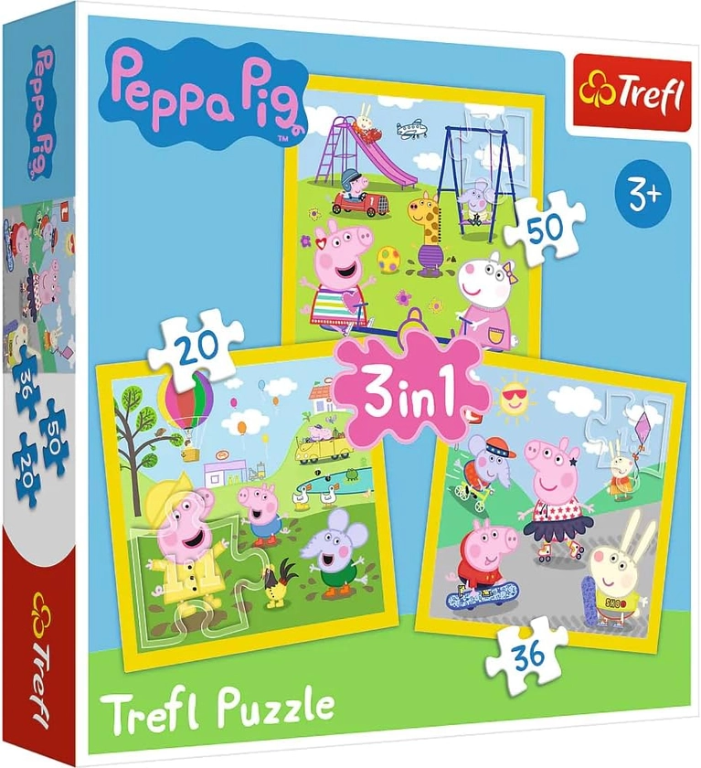 Trefl- Peppa Pig de 20 à 50 Pièces 3 Sets pour Enfants à partir de 3 Ans Puzzle, TR34849, Joyeux Jour de Peppa Peppa Pig