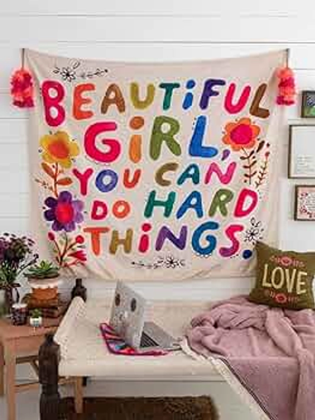 AEARGIV Colorful Beautiful Girl You Can Do Hard Things Flower Tapestry Funny Letter Printed Tapestry Wall Hanging Inspirational Dorm Decor for Living Room Bedroom(47.24 L* 39.37 W, White)