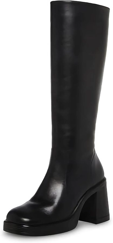 SOVANYOU Black Leather Boots Platform Boots for Women Square Toe Chunky Block Heeled Boots