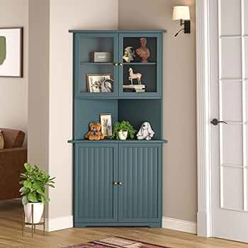 MUPATER Tall Corner Cabinet with Doors and Shelves, 71'' Free Standing Corner Hutch Cabinet Storage for Living Room, Bathroom, Kitchen with Countertop, Blue