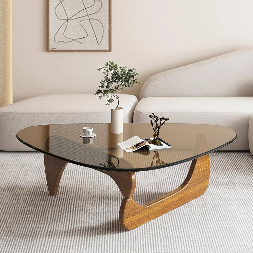 PRITIY Table basse d'appoint en verre - Table basse moderne - Table basse triangulaire (noyer + marron, 91 x 65 x 40 cm), LK155