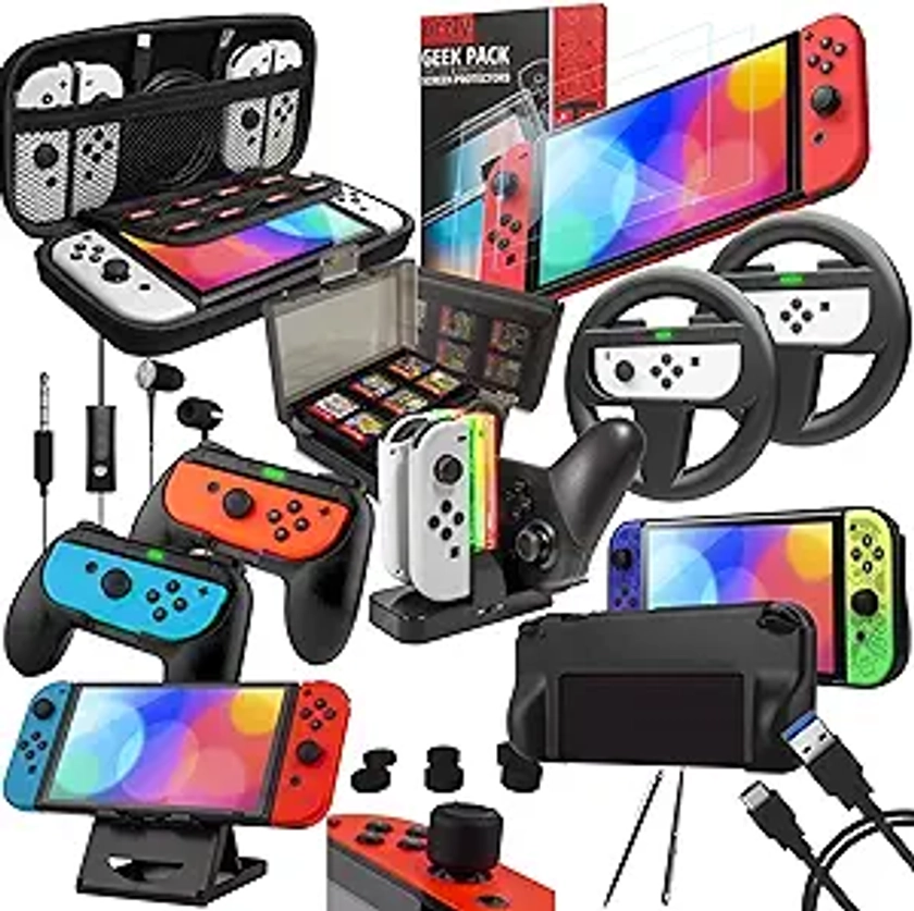 Orzly Accessory Bundle Kit Designed for Nintendo Switch Accessories Geeks and OLED Console Users Case and Screen Protector, Joycon Grips and Wheels for Enhanced Games Play and More - Jet Black
