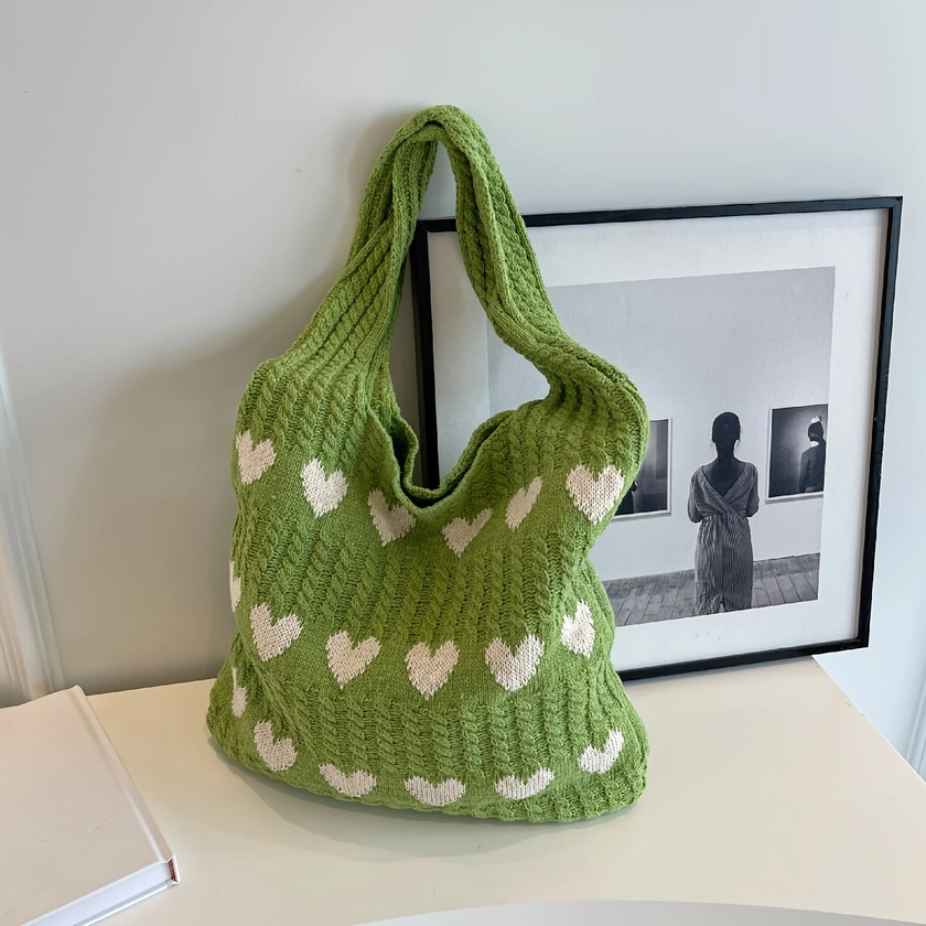 Fashion Knitted Tote Bag, Heart Graphic Crochet Bag, Women&#39;s Casual Handbag &amp; Shopping Bag For Valentine&#39;s Day