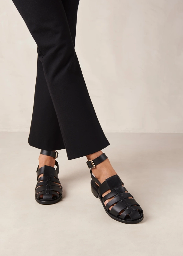 Perry - Black Leather Sandals | ALOHAS