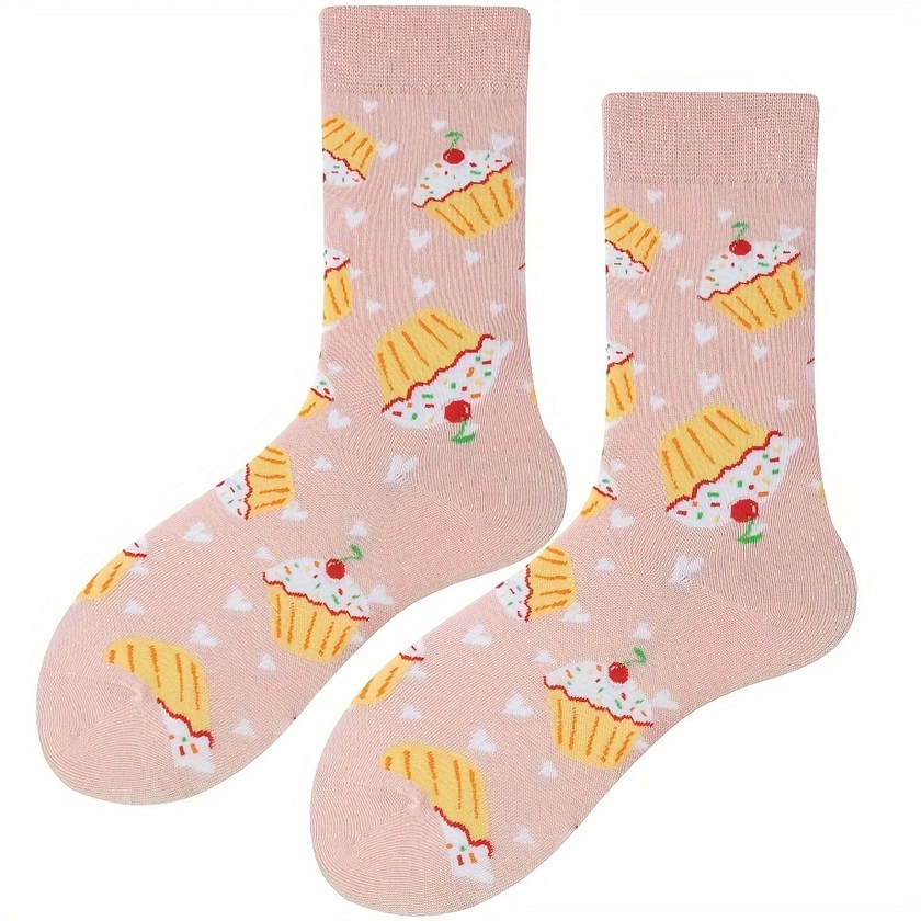 Pink Cake Print Socks Sweet Cute Tube Socks Women's - Temu