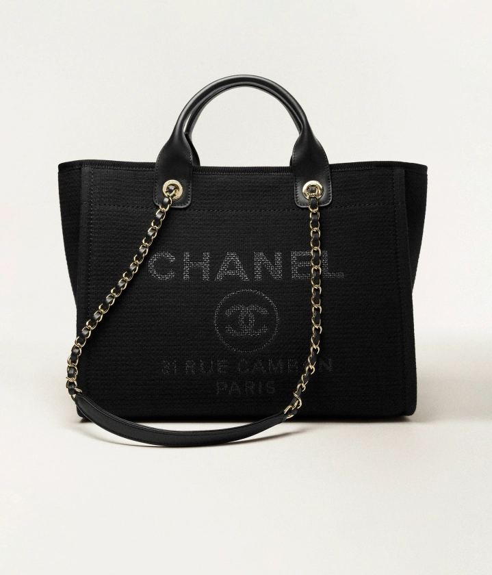 Shopping bag, Mixed fibres, calfskin & gold-tone metal, black — Fashion | CHANEL