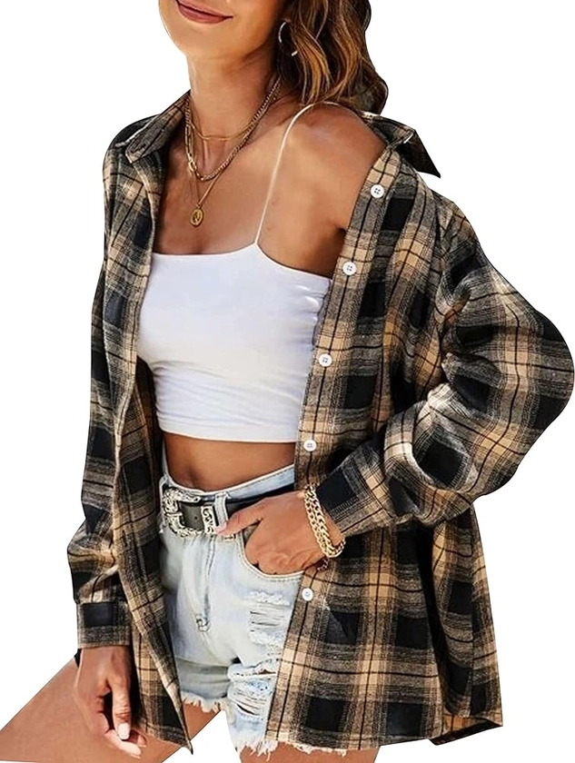 HangNiFang Womens Flannel Plaid Shirts Oversized Button Down Shirts Blouse Tops