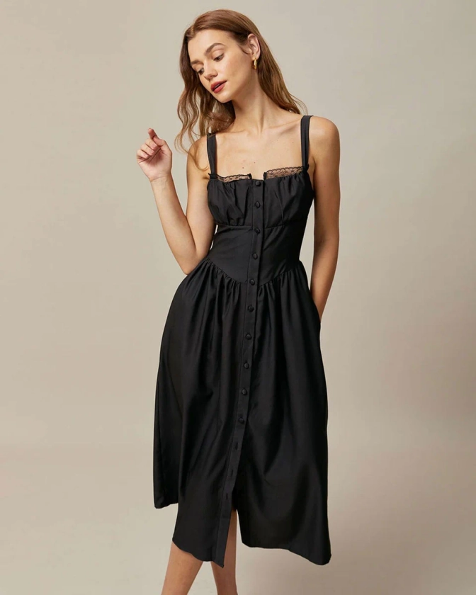 The Black Square Neck Lace Cami Midi Dress & Reviews - Black - Dresses | RIHOAS