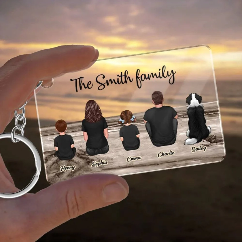 Beach Landscape Family Sitting Back View - Personalized Keychain or Po
