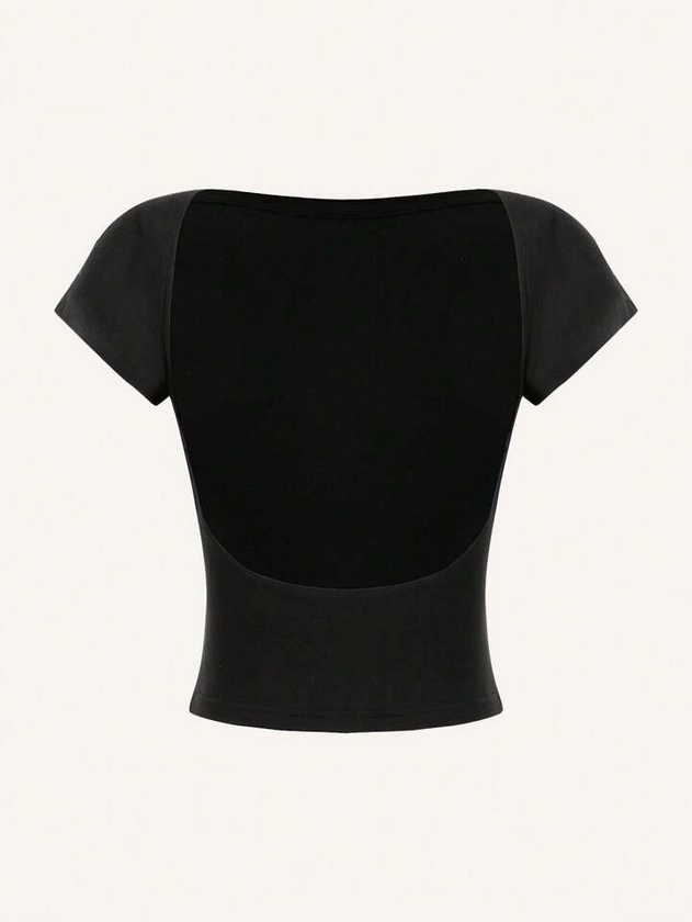 SHEIN EZwear T-shirt pour femmes décontracté et simple, col rond, manches courtes, ajustement serré, adapté pour l'été