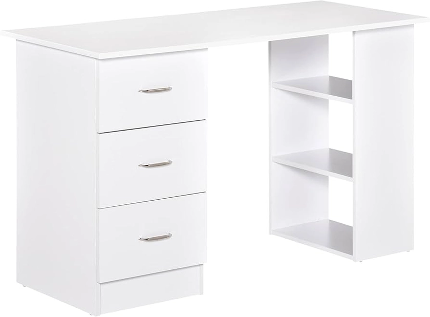 HOMCOM Computer Desk, Writing Table, PC Workstation with 3 Storage Shelves and Drawers, Silver Handle, for Home Office, White