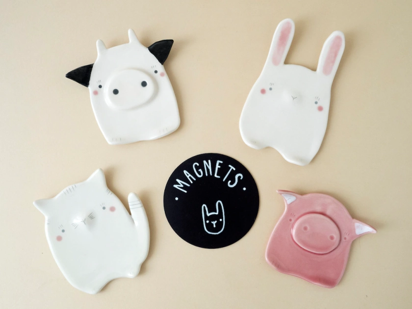 Farm Animal Fridge Magnets, Handmade Ceramic Tiles: Bunny, Cat, Cow and Pig. Gift Idea