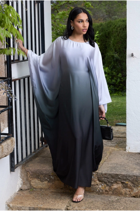 Abaya satinée dégradée blanche , grise et kaki