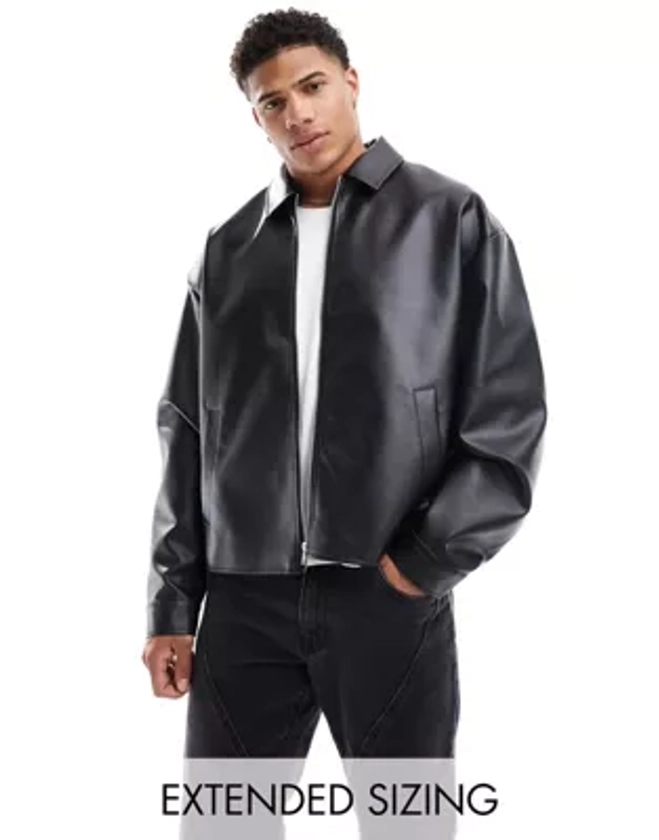 ASOS DESIGN faux leather boxy oversized harrington jacket in black