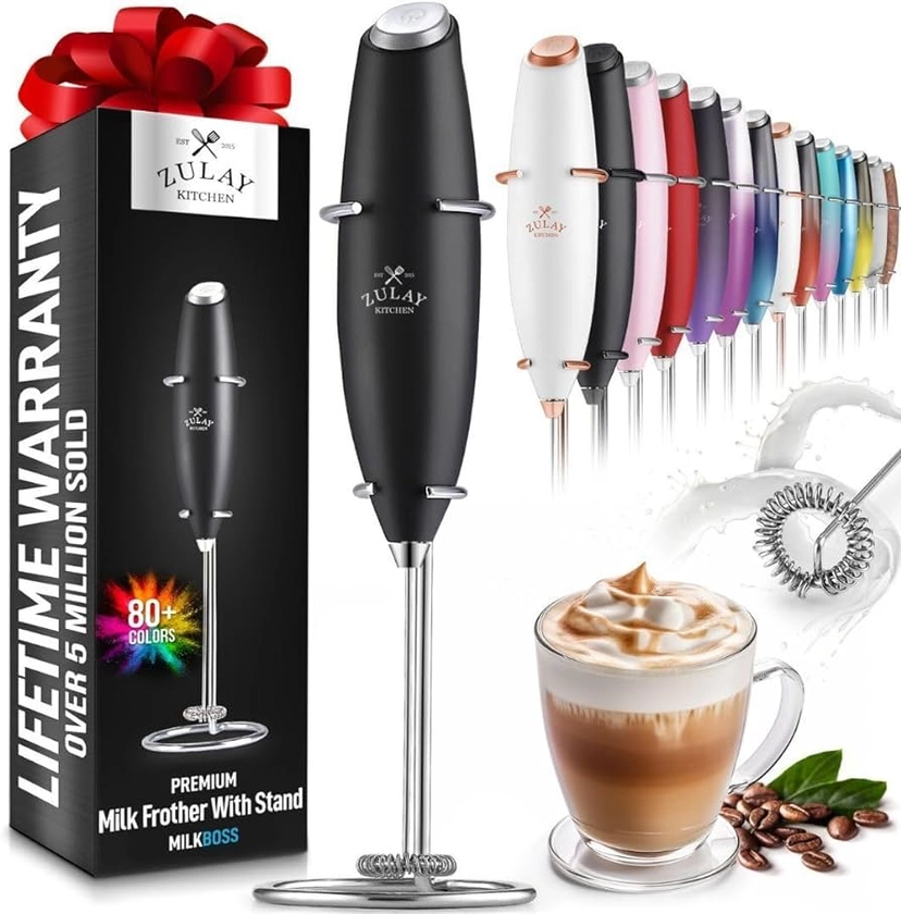 Zulay Kitchen Powerful Milk Frother Wand - Ultra Fast Handheld Drink Mixer - Electric Whisk Foam Maker for Coffee, Lattes, Cappuccino, Frappe, Matcha, Hot Chocolate & Coffee Creamer - Milk Boss Black