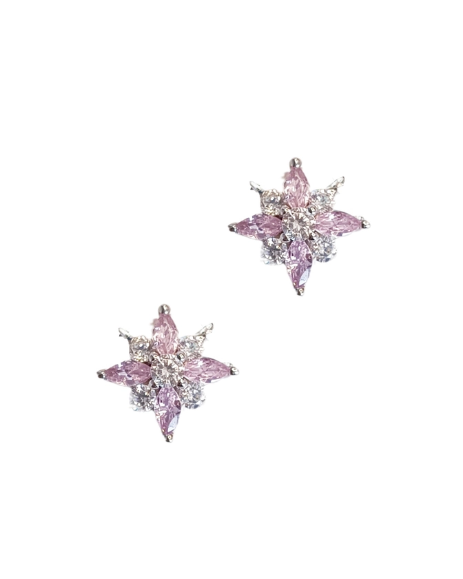 BOUCLES D'OREILLES EN ARGENT FLEUR AVEC PIERRES BLANCHES ET ROSES - AA01796PK