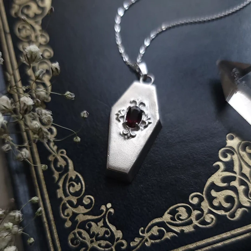 Garnet Coffin Necklace - Sterling Silver