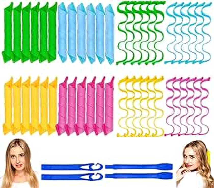 48PCS Hair Curlers Heatless Spiral and Wave Two Styles Formers(12inch) No Heat Curlers with 4PCS DIY Styling Hooks for Women and Girls’Short or Medium Hair (12 inch)