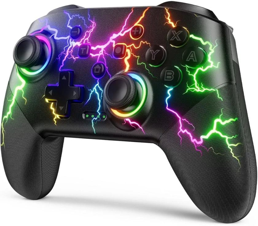 Switch Controller Compatible with Switch/Switch Lite/Switch OLED/Windows/iOS/Android, RGB Lightning Programmable 1000mAh Wireless Pro Controller with One Key Pairing Wake Up Turbo Vibration