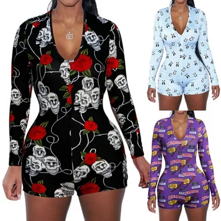 Fashion Women´s Floral Bodycon Nightwear Long Sleeve V-Neck Jumpsuit Clubwear Bodysuit Romper