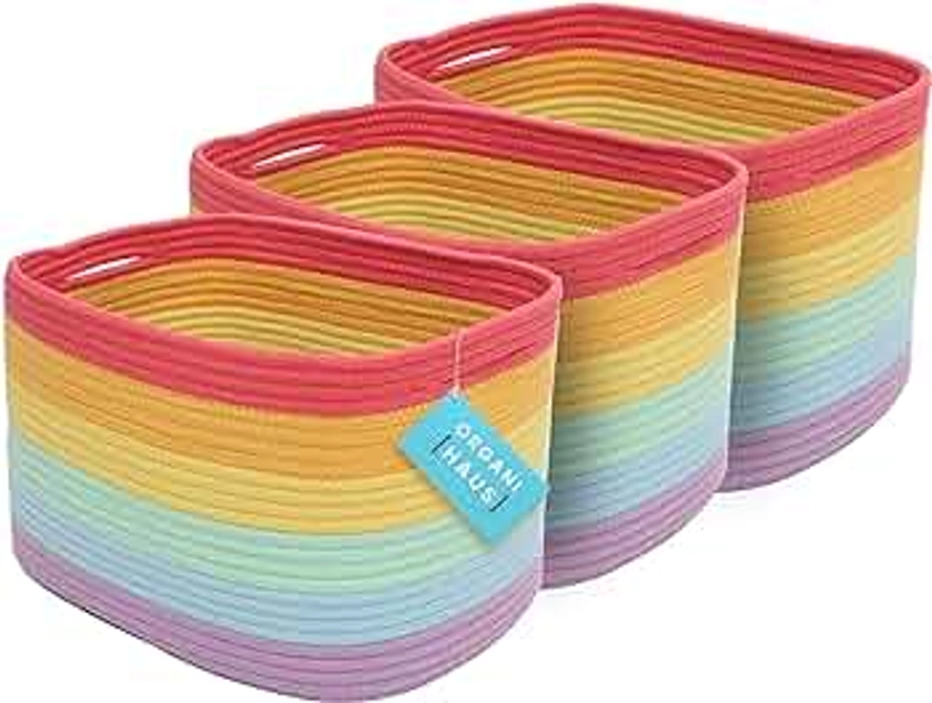 OrganiHaus Pack of 3 Toy Basket for Kids | Cotton Rope Baskets for Towel Storage | Blanket Basket | Woven Basket for Storage | Bathroom Storage Baskets for Shelves | Rainbow Baby Storage Basket