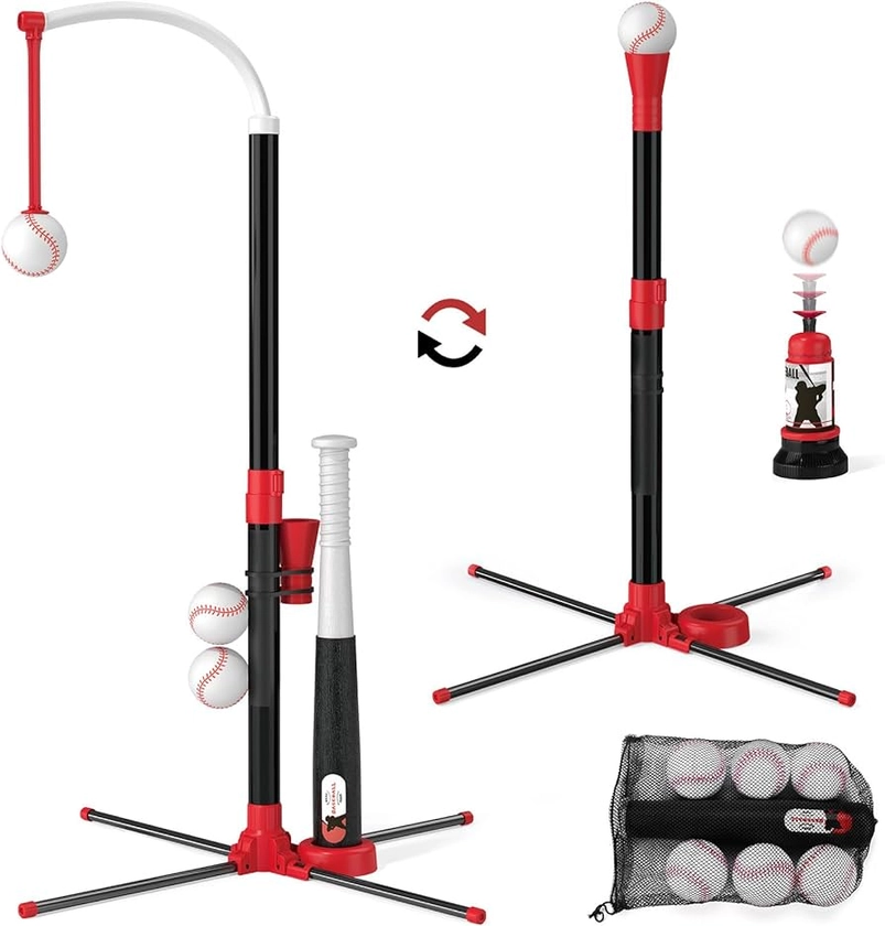 Wee Wonders 3 in 1 T Ball Set - Adjustable Height, Hanging Tee Ball Set with Automatic Pitching Machine/6 balls/Retractable Bat, T Ball Stand Suit for Outdoor, Sport Toys Gifts for Kids Boys Age 3+