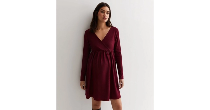 Maternity Burgundy Crinkle Jersey Wrap Mini Smock Dress | New Look
