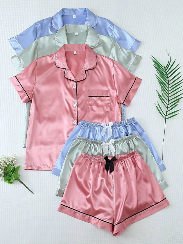 3pcs Solid Color Satin Pajama Set With Casual Short Sleeve Button-Down Shirt And Bowknot Shorts, Women Home Wear For Daily Use