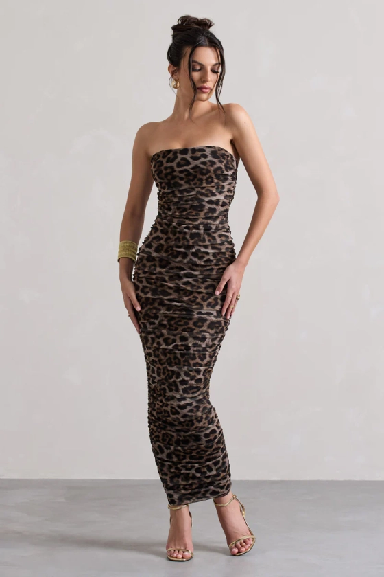 My Lady | Leopard Print Strapless Bodycon Ruched Mesh Midi Dress