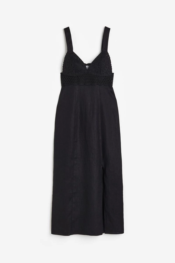 Linen dress with broderie anglaise - Black - Ladies | H&M GB