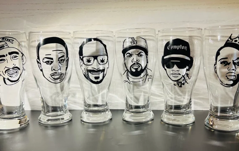 Hip Hop Pilsner Glass Pub Glasses/ Rap Legends/ Bar Decor/ A Music Lover Gift for Him or Her