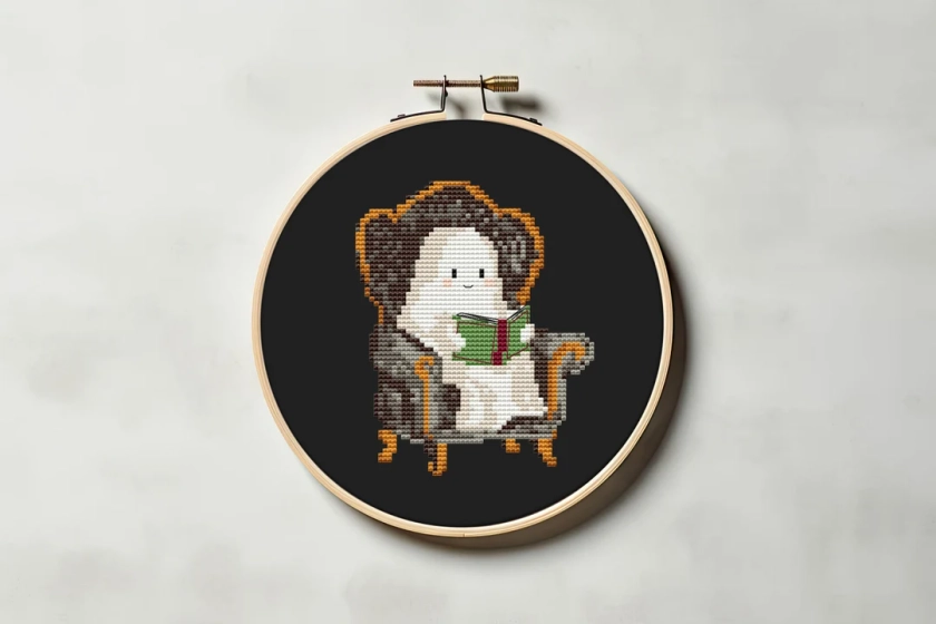 Ghost reading cross stitch pattern PDF - cute funny small spooky love reading bookworm library cs60