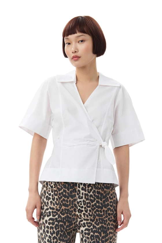 White Cotton Poplin Wrap Blouse | GANNI UK