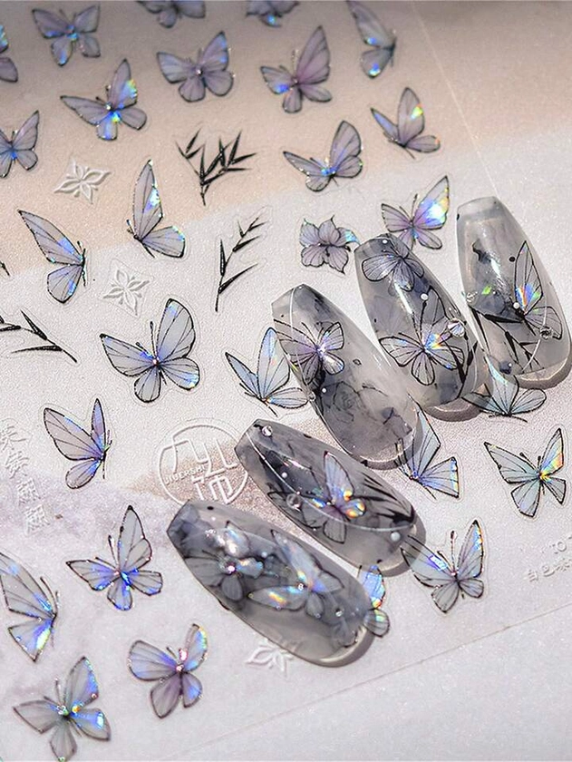 1pc 5D Nail Art Stickers Willow Branches And Black-Edged Shiny Butterfly Nail Stickers Spring Nail Art Decal Design Manicure DIY | SHEIN UK