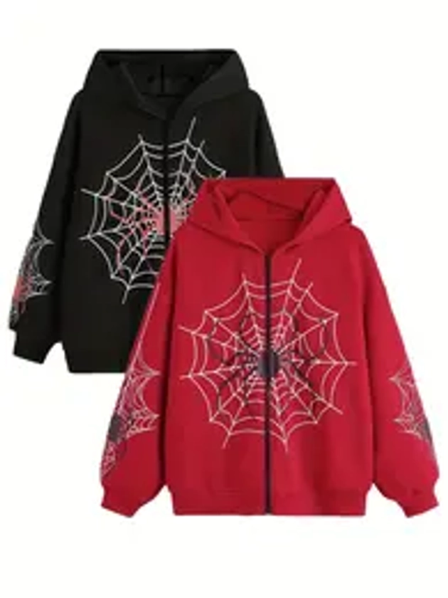 Women's 2pcs Multicolor Spider Web Print Zip Up Hoodie Jacket, Streetwear Long Sleeve Zipper Hooded Top, Casual Outwear Top for Spring & Fall