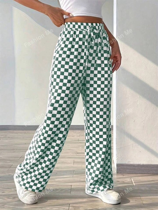 Checker Print Casual Wide Leg Pants With Drawstring Waist