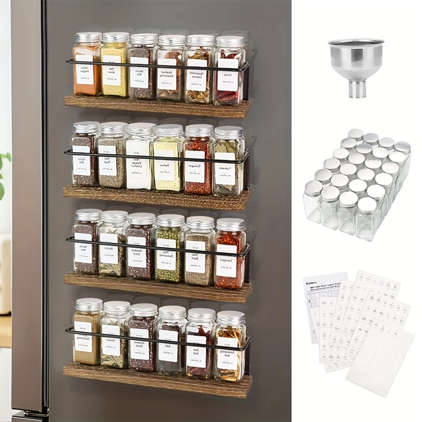 Magnetic spice holder with 24 jars, 216 labels, 1 refrigerator steel funnel, microwave - complete spice storage box