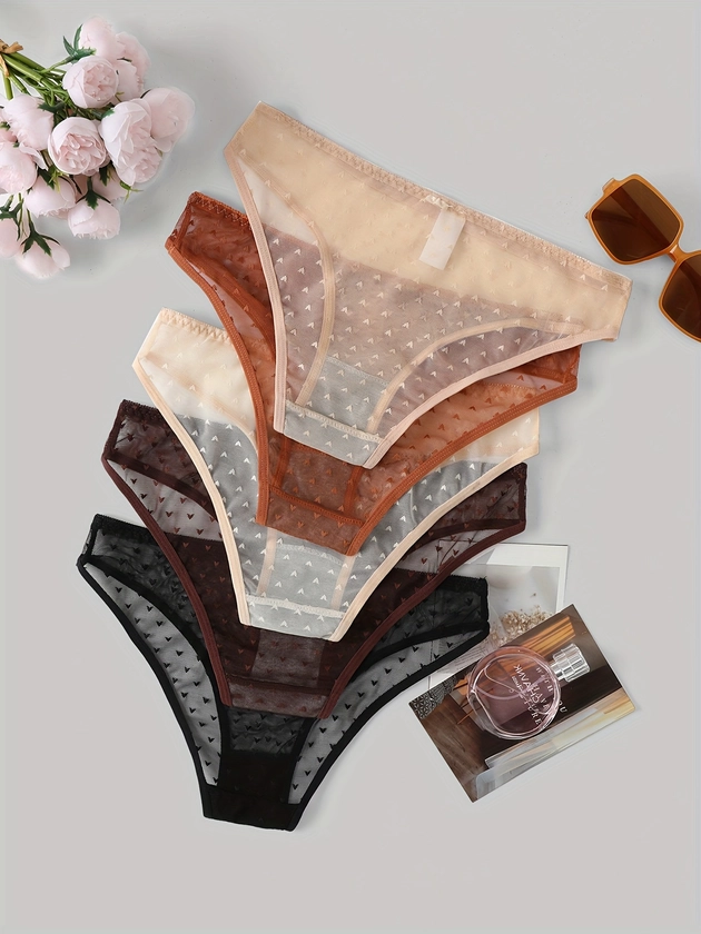 5pcs Solid Mesh Heart Pattern Semi Sheer Briefs, Comfy Breathable Stretchy Intimates Panties, Women&#39;s Lingerie &amp; Underwear
