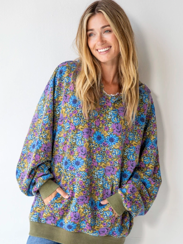 Oversized Printed Sweatshirt - Blue Rose Purple Daisy – Natural Life