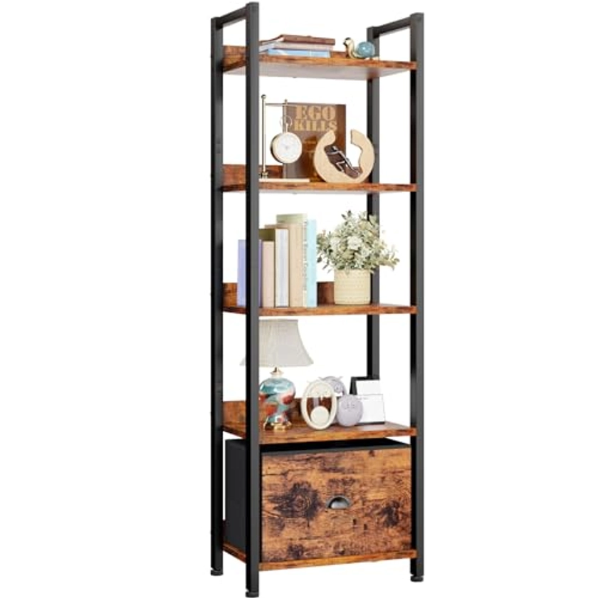 Furologee 5 Tier Bookshelf with Drawer, Tall Narrow Bookcase with Shelves, Wood and Metal Book Shelf Storage Organizer, Industrial Display Standing Shelf Unit for Bedroom, Living Room, Rustic Brown