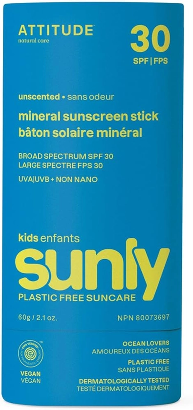 Amazon.com: ATTITUDE Mineral Sunscreen Stick for Kids, SPF 30, EWG Verified, Plastic-Free, Broad Spectrum UVA/UVB Protection with Zinc Oxide, Dermatologically Tested, Vegan, Unscented, 2.1 Ounces : Baby